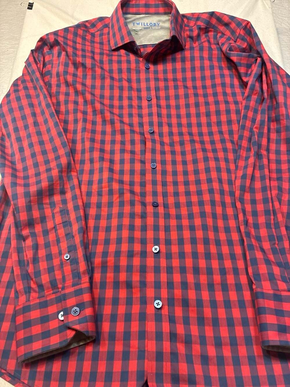 Twillory Performance Fabric Traditional Fit Red Navy Gingham Shirt 16.5 34-35